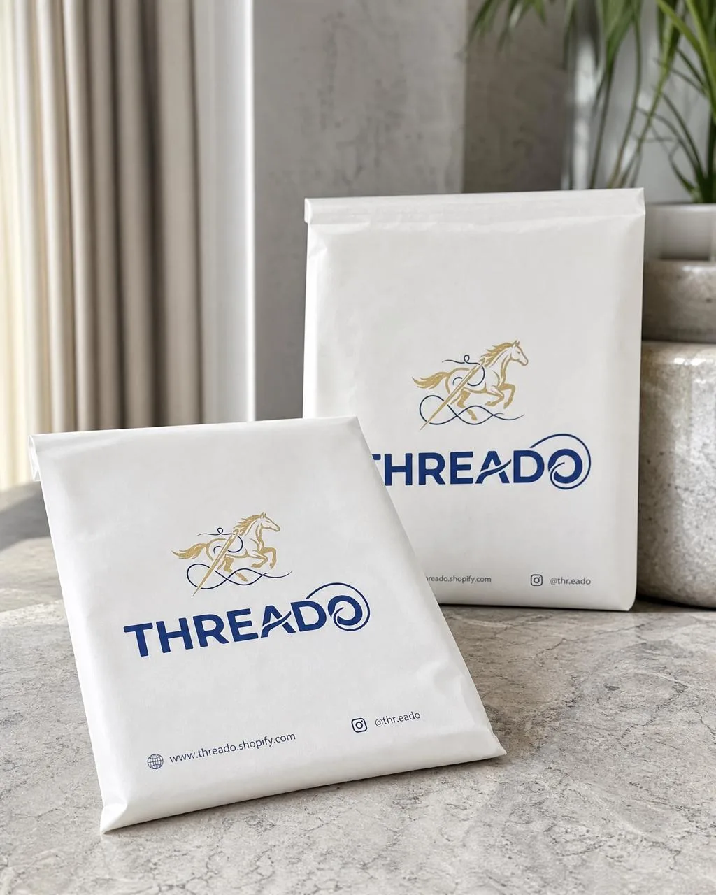 Waterproof kraft mailer bags used by a small clothing brand to ship online orders.