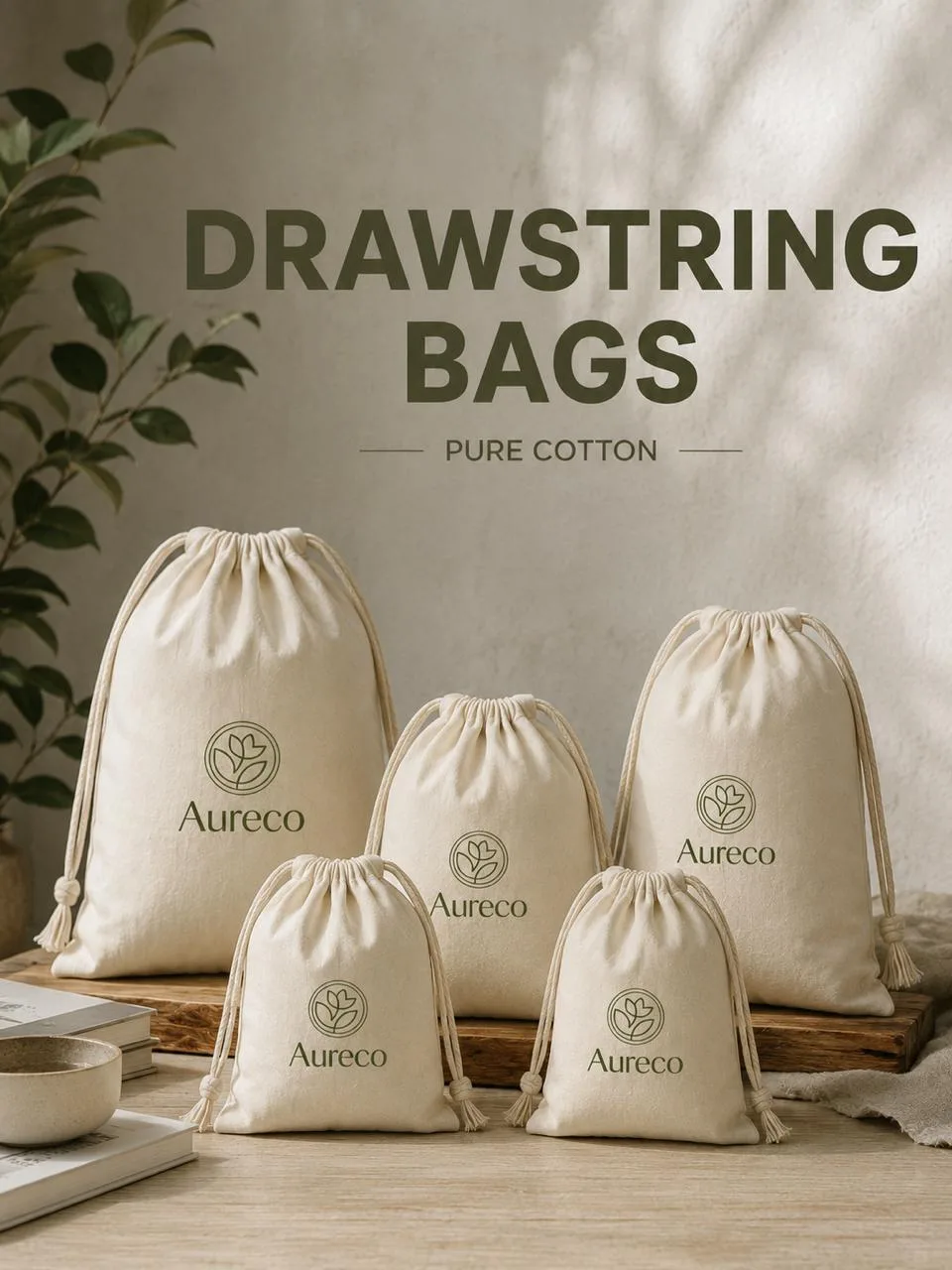 Cotton drawstring bags with a woven label sewn into the seam, used for jewellery and accessories.