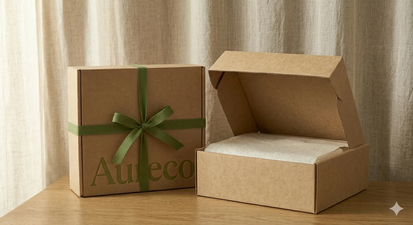 Recyclable eco friendly packaging boxes printed for a conscious fashion brand.