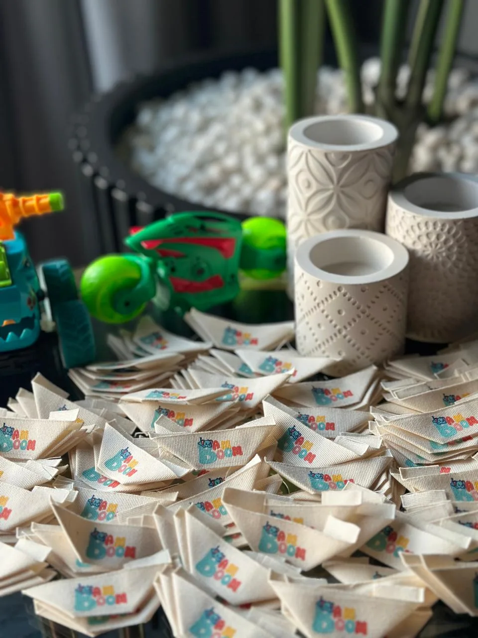 Woven, satin and cotton clothing labels with a brand name, ready to be sewn into garments.